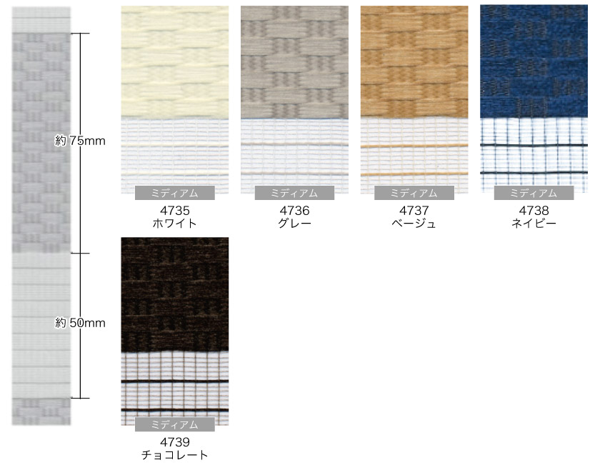 プロ仕様・平織り調光ロールスクリーンの色味本とパターンのサイズ。色は、ホワイト、グレー、ベージュ、ネイビー、チョコレートの5色です。