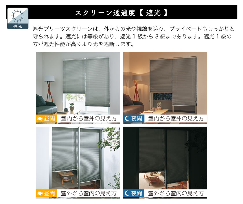 このプリーツスクリーンの透過度は遮光です