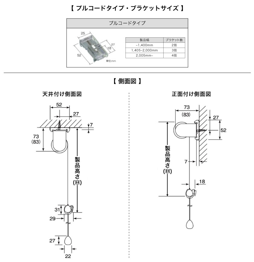 ロールスクリーンプルコードタイプのブラケットサイズと必要数・製品側面図