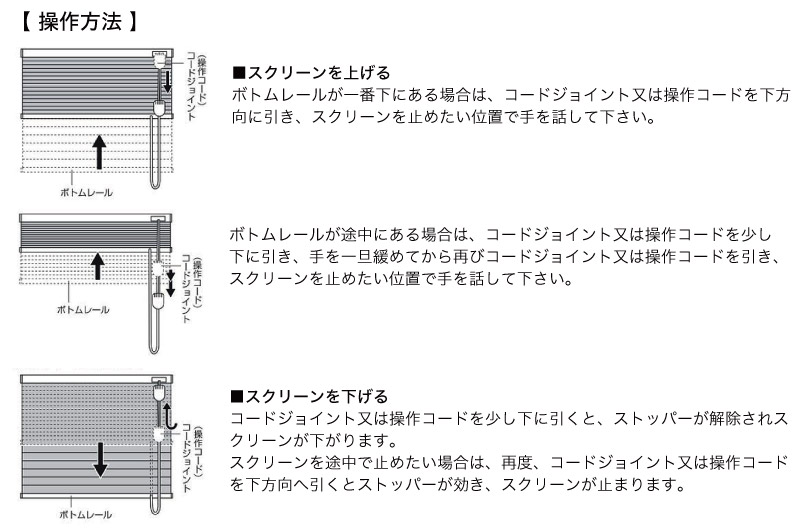 シングル・コードタイプの小窓プリーツスクリーン操作方法