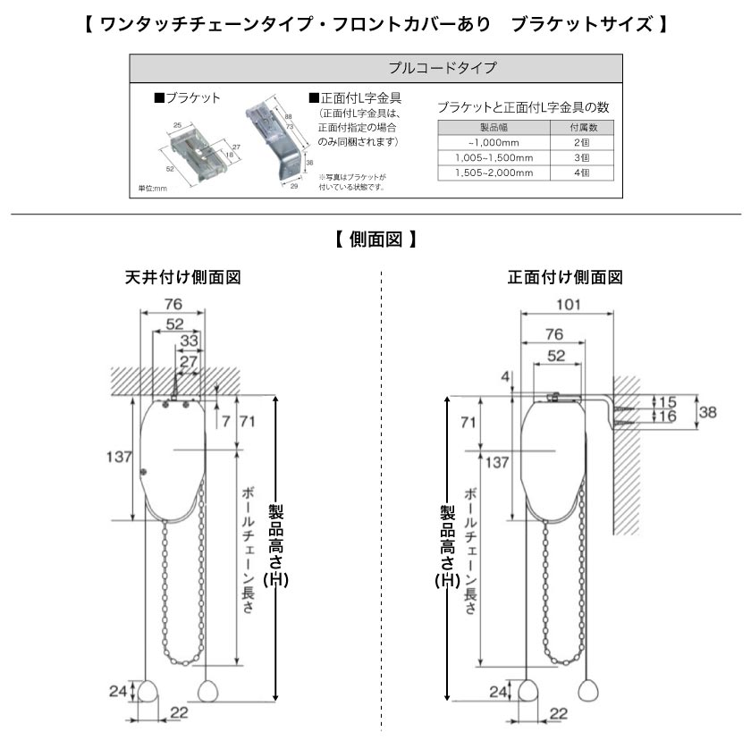 ダブルロールスクリーン　フロントカバー付き　ワンタッチチェーンタイプの側面サイズとブラケットサイズ、数