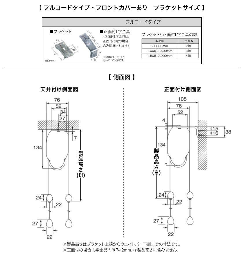 ロールスクリーン　フロントカバー付き　プルコードタイプの側面サイズとブラケットサイズ、数