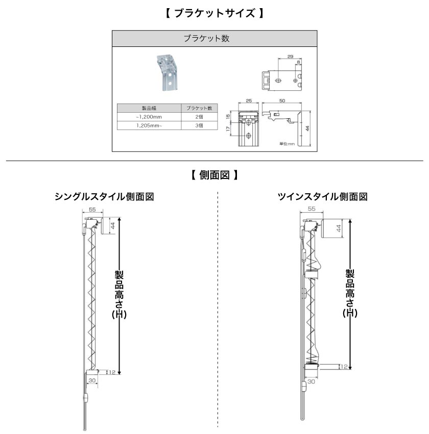 スリット窓・小窓プリーツスクリーンブラケットサイズと必要数・製品側面図