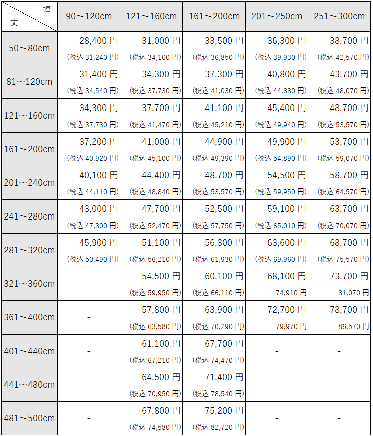 透過度が選べる、大型窓用ロールスクリーンの価格表です。