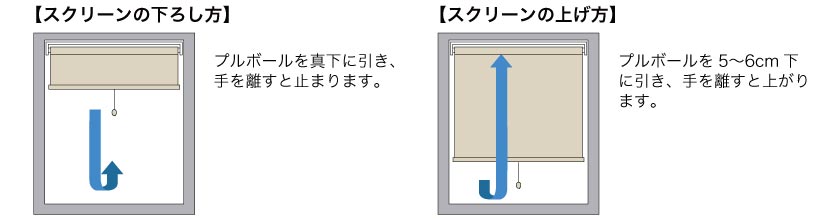 ロールスクリーン操作方法　プルコード操作　スクリーンの上げ方と下げ方