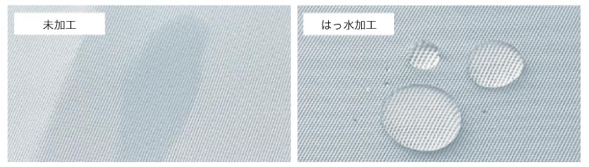 ロールスクリーンに水を付着した時の撥水加工有り無しの比較。撥水加工のロールスクリーンは水をはじいているのが分かります。