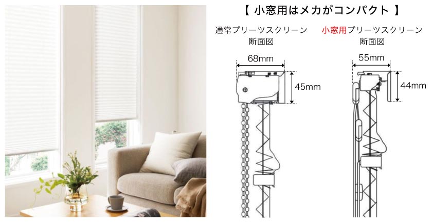 小窓用プリーツスクリーン 通常のメカと小窓用メカの比較 小窓用は通常メカより小さくコンパクトです