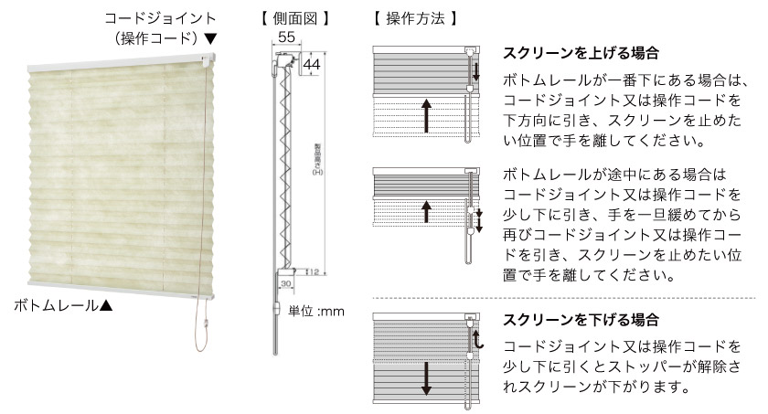 小窓用シングルタイププリーツスクリーンのサイズとコード動作方法です。コードタイプはメカがコンパクトなので、スリット窓や小窓に向いています。