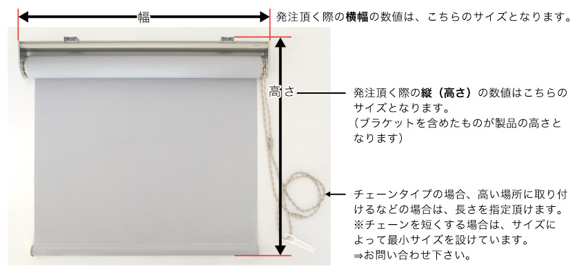 ロールスクリーンの発注サイズの説明です。横幅はメカのサイズ、高さはブラケットを含むサイズとなります。チェーン操作の場合は、チェーン長さも選べます。