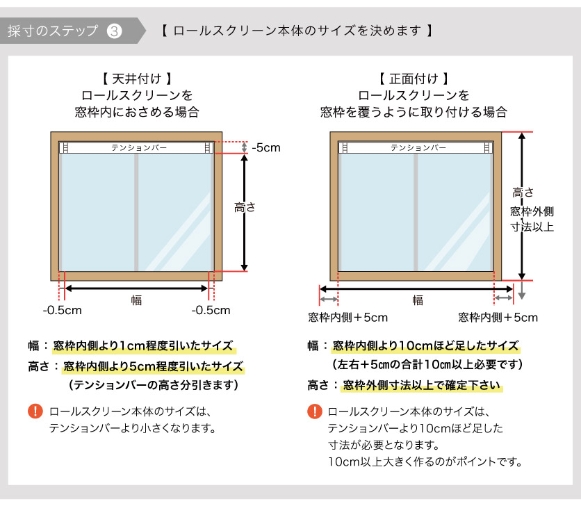 ロールスクリーンのテンションタイプ（つっぱり式）の採寸ステップ3。スクリーン本体のサイズを決めます。天井付けと正面付けで採寸方法が変わります。