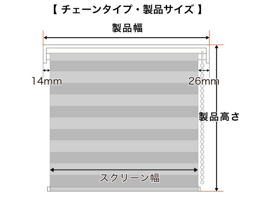 調光ロールスクリーン　チェーンタイプの製品サイズ