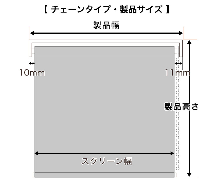 スリット窓・小窓ロールスクリーン チェーンタイプの製品サイズ