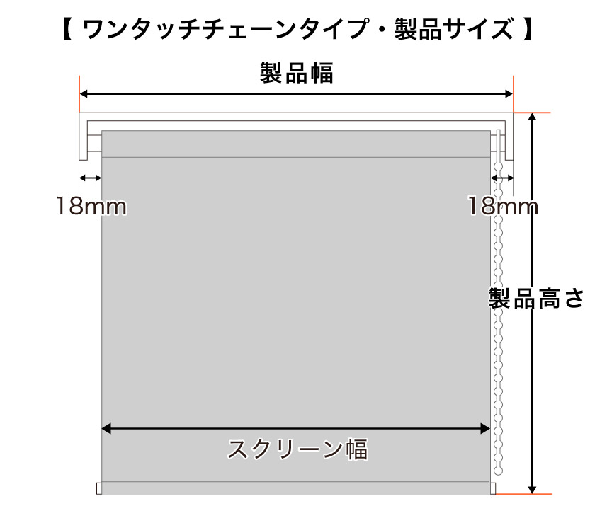 ロールスクリーンワンタッチチェーンタイプ製品サイズ