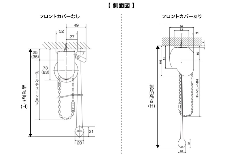 スリット窓・小窓用ロールスクリーン　チェーンタイプの天井付け側面サイズ