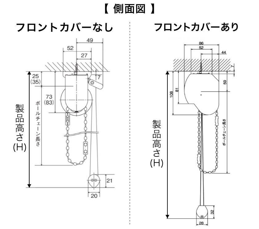 スリット窓・小窓用ロールスクリーン チェーンタイプの天井付け側面サイズ