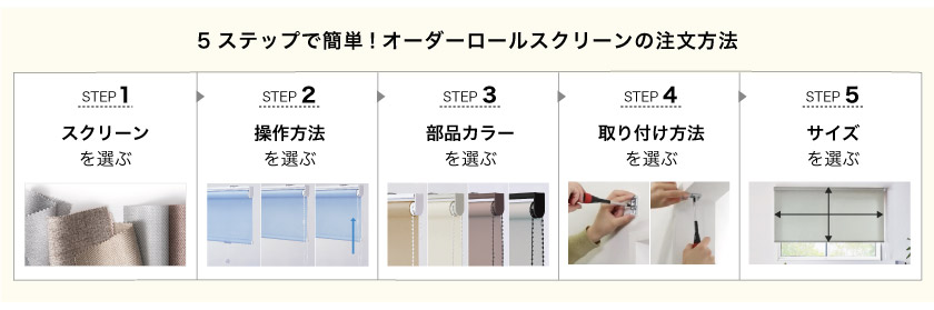 オーダーメイドロールスクリーンの購入方法です。
1、クリーンを選ぶ。
2、操作方法を選ぶ。
3、部品カラーを選ぶ。
4、取り付け方法を選ぶ。
5、サイズを選ぶ。