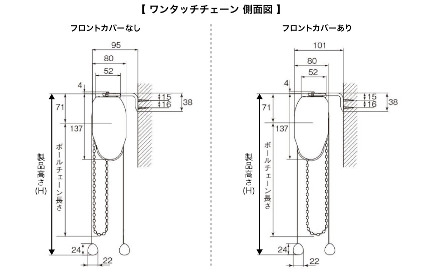 ダブルロールスクリーン　ワンタッチチェーンタイプ正面付けの側面図サイズ