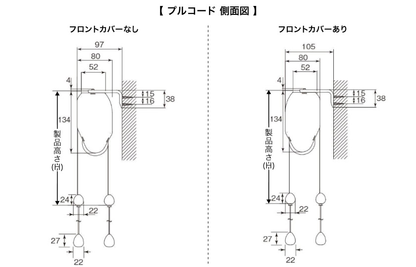 ダブルロールスクリーン　プルコードタイプ正面付けの側面図サイズ