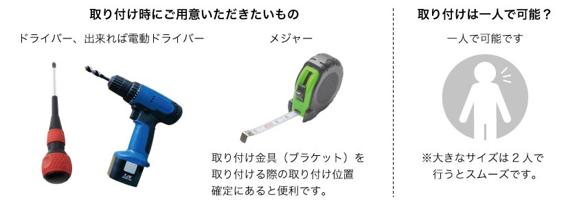 ロールスクリーンの取付けに必要な工具と取付人数です
