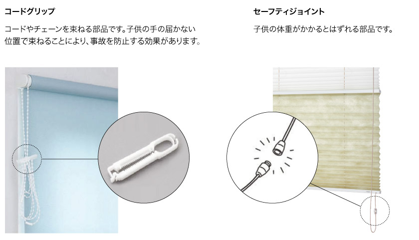 ロールスクリーン、プリーツスクリーンの安全対策部品です