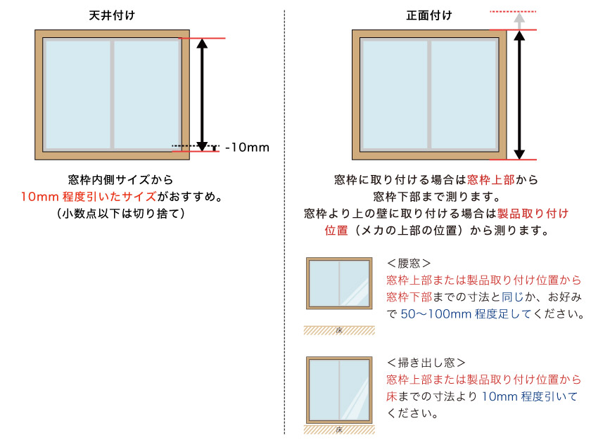 オーダーロールスクリーンの高さの採寸方法です。天井付けは窓枠内側から-1cmします。正面付けは製品取り付け位置から測ります。腰窓の場合はお好みでプラスし、吐き出し窓の場合は床まで測り-1cmしてください。