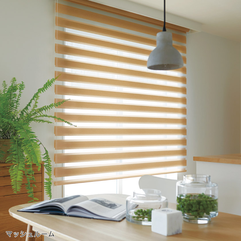 ナチュラルなスクリーンをリビングに施工事例の写真。外からの光を調整できる調光ロールスクリーンです。