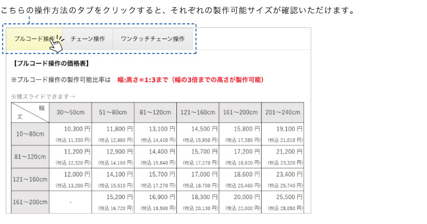 ロールスクリーンは、操作方法によって製作可能寸法が異なります。詳しいサイズは、価格表のそれぞれの操作方法をご覧ください。