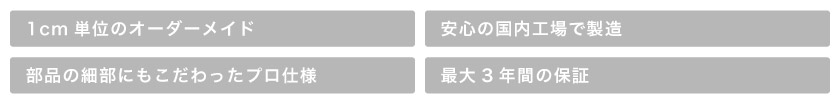 ロールスクリーン市場のプリーツスクリーンの特徴は、1cm単位のオーダーメイド、安心の国内工場製造、部品の細部にこだわったプロ仕様、最大3年保証です。