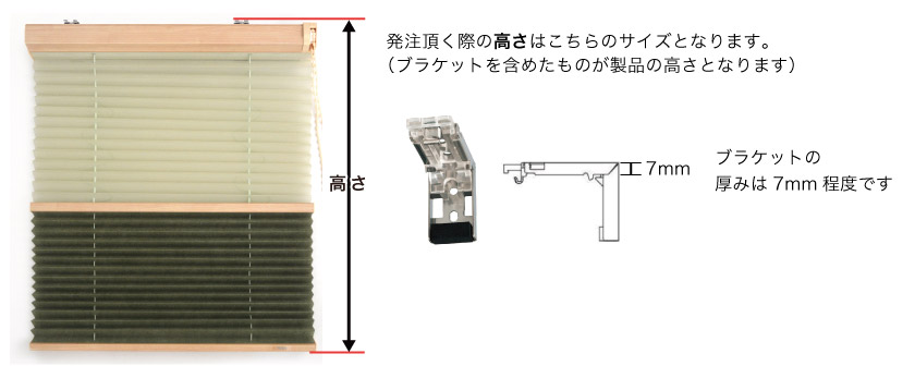 オーダープリーツスクリーンのご注文の高さは、取り付け金具の上からボトム下までです。ブラケットの厚みサイズは7mmです。