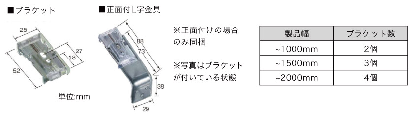 ダブルロールスクリーンのブラケット個数とブラケットサイズです。