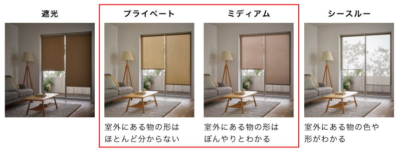 ロールスクリーン透け方比較（透過度）　程よい透け感のミディアム