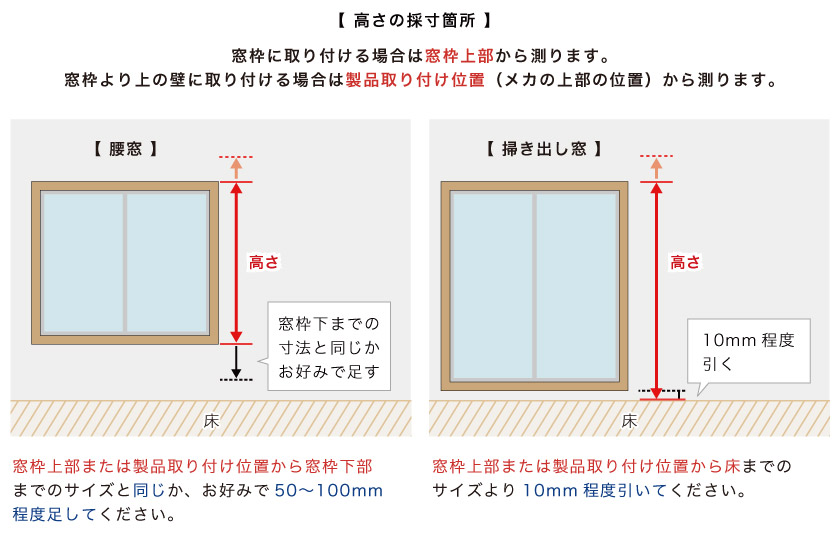 オーダーロールスクリーンの高さの簡単採寸方法です。測る場所は、窓枠上部または壁から測ります。
腰窓・掃き出し窓により採寸方法が異なります。